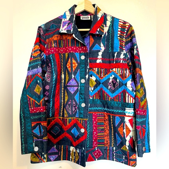 Chicos Design Vintage Embroidered Artsy Silk Patchwork Denim Jacket - Picture 1 of 11